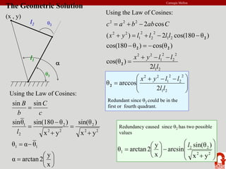 Carnegie Mellon
The Geometric Solution
α
Using the Law of Cosines:
⎟
⎟
⎠
⎞
⎜
⎜
⎝
⎛ −
−
+
=
−
−
+
=
−
=
−
−
−
+
=
+
−
+
=
2
1
2
2
2
1
2
2
2
1
2
2
2
1
2
2
2
1
2
2
2
1
2
2
2
2
2
2
arccos
θ
2
)
cos(θ
)
cos(θ
)
θ
180
cos(
)
θ
180
cos(
2
)
(
cos
2
l
l
l
l
y
x
l
l
l
l
y
x
l
l
l
l
y
x
C
ab
b
a
c
2
2
2
2
2
Using the Law of Cosines:
⎟
⎠
⎞
⎜
⎝
⎛
=
−
=
+
=
+
−
=
=
x
y
2
arctan
α
θ
α
θ
y
x
)
sin(θ
y
x
)
θ
sin(180
θ
sin
sin
sin
1
1
2
2
2
2
2
2
2
1
l
c
C
b
B
⎟
⎟
⎠
⎞
⎜
⎜
⎝
⎛
+
−
⎟
⎠
⎞
⎜
⎝
⎛
=
2
2
2
2
1
y
x
)
sin(θ
arcsin
x
y
2
arctan
θ
l
Redundancy caused since θ2 has two possible
values
Redundant since θ2 could be in the
first or fourth quadrant.
l1
l2 θ2
θ1
(x , y)
 