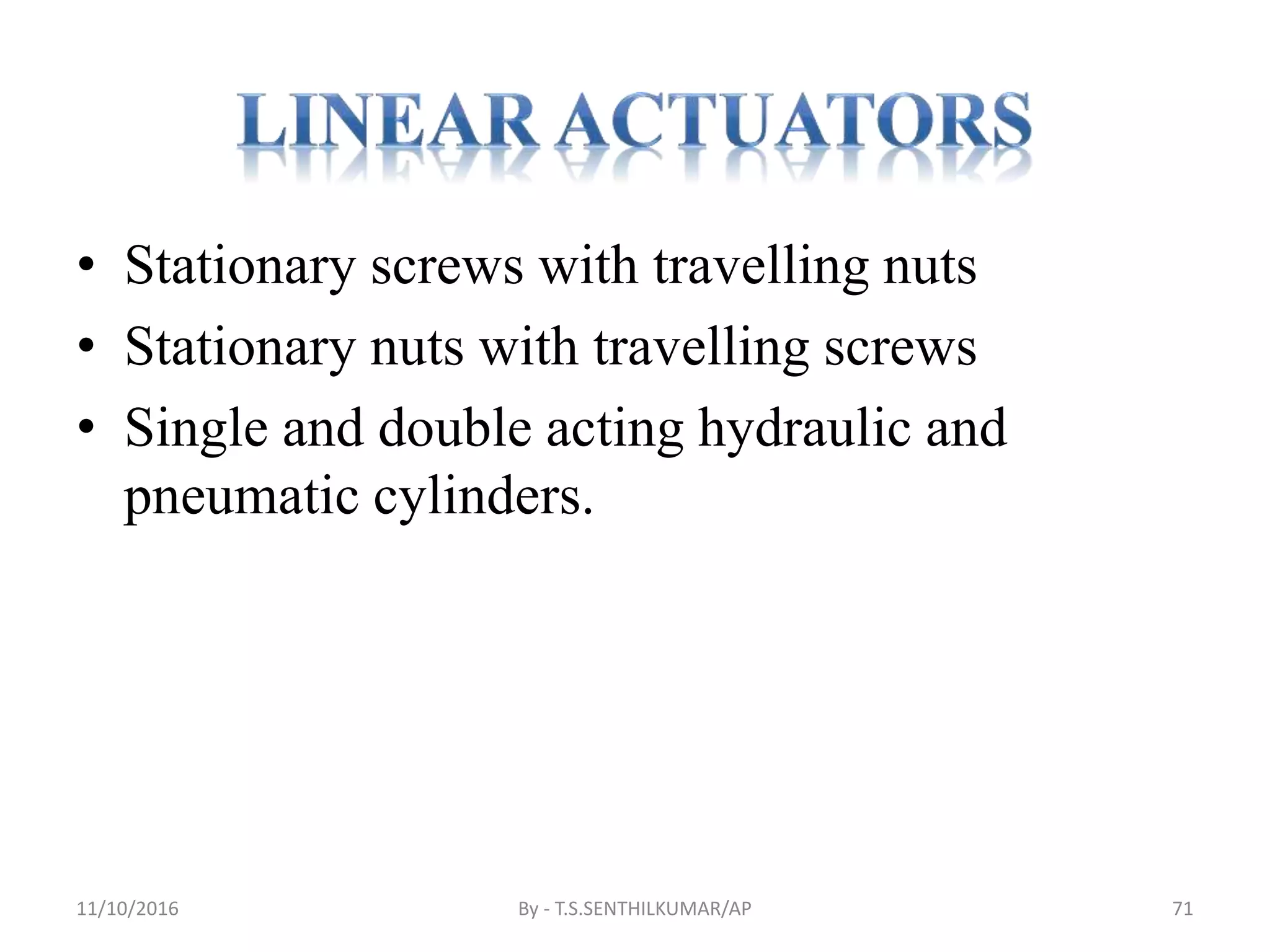 • Stationary screws with travelling nuts
• Stationary nuts with travelling screws
• Single and double acting hydraulic and
pneumatic cylinders.
11/10/2016 By - T.S.SENTHILKUMAR/AP 71
 