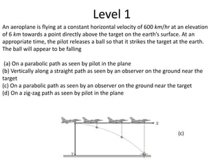Level 1
An aeroplane is flying at a constant horizontal velocity of 600 km/hr at an elevation
of 6 km towards a point directly above the target on the earth’s surface. At an
appropriate time, the pilot releases a ball so that it strikes the target at the earth.
The ball will appear to be falling
(a) On a parabolic path as seen by pilot in the plane
(b) Vertically along a straight path as seen by an observer on the ground near the
target
(c) On a parabolic path as seen by an observer on the ground near the target
(d) On a zig-zag path as seen by pilot in the plane
(c)
 