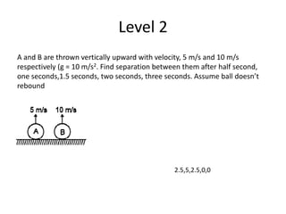 Level 2
A and B are thrown vertically upward with velocity, 5 m/s and 10 m/s
respectively (g = 10 m/s2. Find separation between them after half second,
one seconds,1.5 seconds, two seconds, three seconds. Assume ball doesn’t
rebound
2.5,5,2.5,0,0
 