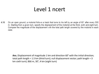 Level 1 ncert
Ans. Displacement of magnitude 1 km and direction 60° with the initial direction;
total path length = 1.5 km (third turn); null displacement vector; path length = 3
km sixth turn); 866 m, 30°, 4 km (eight turn)
 