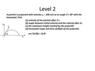 Level 2
A particle is projected with velocity vo = 100 m/s at an angle q = 30o with the
horizontal. Find
(a) velocity of the particle after 2 s.
(b) angle between initial velocity and the velocity after 2s
(c) the maximum height reached by the projectile
(d) horizontal range and time of flight of the projectile.
Y
vo
X
q cos-1(0.98) = 10.8o
 