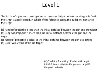 Level 1
The barrel of a gun and the target are at the same height. As soon as the gun is fired,
the target is also released. In which of the following cases, the bullet will not strike
the target
(a) Range of projectile is less than the initial distance between the gun and the target
(b) Range of projectile is more than the initial distance between the gun and the
target
(c) Range of projectile is equal to the initial distance between the gun and target
(d) Bullet will always strike the target
(a) Condition for hitting of bullet with target
initial distance between the gun and target
Range of projectile.
 