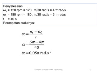 Compiled by Rozie SMAN 3 Semarang 12
Penyelesaian:
ωo = 120 rpm = 120 . π/30 rad/s = 4 π rad/s
ωt = 180 rpm = 180 . π/30 rad/s = 6 π rad/s
t = 40 s
Percepatan sudutnya:
2-
rad.s,05π0
40
46
=
−
=
−
=
α
ππ
α
ωω
α
t
ot
 