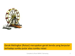 Gerak Melingkar (Rotasi) merupakan gerak benda yang berputar
terhadap sumbu putar atau sumbu rotasi
2Compiled by Rozie SMAN 3 Semarang
 