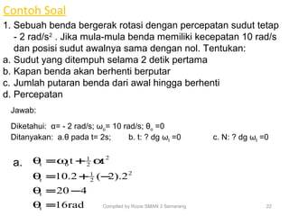 Contoh Soal
1. Sebuah benda bergerak rotasi dengan percepatan sudut tetap
- 2 rad/s2
. Jika mula-mula benda memiliki kecepatan 10 rad/s
dan posisi sudut awalnya sama dengan nol. Tentukan:
a. Sudut yang ditempuh selama 2 detik pertama
b. Kapan benda akan berhenti berputar
c. Jumlah putaran benda dari awal hingga berhenti
d. Percepatan
22Compiled by Rozie SMAN 3 Semarangrad16
420
2).2(2.10
tt
t
t
2
2
1
t
2
2
1
ot
=
−=
−+=
+=
θ
θ
θ
αωθ
Jawab:
Diketahui: α= - 2 rad/s; ωo= 10 rad/s; θo =0
Ditanyakan: a.θ pada t= 2s; b. t: ? dg ωt =0 c. N: ? dg ωt =0
a.
 