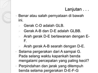 Lanjutan . . .
Benar atau salah pernyataan di bawah
ini.
 Gerak C-D adalah GLB.
 Gerak A-B dan D-E adalah GLBB.
 Arah gerak D-E berlawanan dengan EF.
 Arah gerak A-B searah dengan D-E.
 Selama pergerakan dari A sampai G.
Pada selang waktu kapankah benda
mengalami percepatan yang paling kecil?
 Perpindahan dan jarak yang ditempuh
benda selama pergerakan D-E-F-G


 