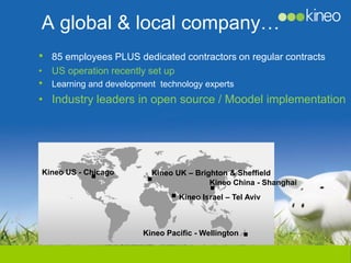 A global & local company…
• 85 employees PLUS dedicated contractors on regular contracts
• US operation recently set up
• Learning and development technology experts
• Industry leaders in open source / Moodel implementation




           .
Kineo US - Chicago
                       .Kineo UK – Brighton & Sheffield
                                         .
                             .         Kineo China - Shanghai
                                 Kineo Israel – Tel Aviv



                      Kineo Pacific - Wellington   .
 