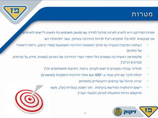 ‫מטרות‬‫מטרות‬
‫ולשימוש‬ ‫ליישום‬ ‫ופשוט‬ ‫נוח‬ ‫משתמש‬ ‫ממשק‬ ‫עם‬ ‫למידה‬ ‫פורטל‬ ‫לארגון‬ ‫להציע‬ ‫היא‬ ‫הפרויקט‬ ‫מטרת‬
:‫הם‬ ‫יתרונותיו‬ ‫אשר‬ ,‫בארגון‬ ‫ההדרכה‬ ‫לניהול‬ ‫ויעיל‬ ‫מתקדם‬ ‫כלי‬ ‫לתת‬ ‫מבקשים‬ ‫אנו‬
‫היסטורי‬ ‫ניתוח‬ ,‫ביצוע‬ ‫)ממדי‬ ‫המבוצעת‬ ‫ההדרכה‬ ‫ותוצאות‬ ‫מהלך‬ ‫על‬ ‫והבקרה‬ ‫הפיקוח‬ ‫העלאת‬
(‫נתונים‬ ‫של‬
,‫קורסים‬ ‫על‬ ‫מידע‬ ,‫)מצגות‬ ‫הארגון‬ ‫של‬ ‫ההדרכה‬ ‫ועזרי‬ ‫חומרי‬ ‫כלל‬ ‫נמצאים‬ ‫בה‬ ‫ראשית‬ ‫פלטפורמה‬
('‫וכיוב‬ ‫מבדקים‬
('‫וכו‬ ‫למשתתפים‬ ‫הודעות‬ ,‫ביטול‬ ,‫לקורס‬ ‫)רישום‬ ‫מקוונים‬ ‫עבודה‬ ‫תהליכי‬
-‫ב‬ ‫עובד‬ ‫תיק‬ ‫עם‬ ‫לדבר‬ ‫יכולת‬SAP(‫)ממשקים‬ ‫והסמכות‬ ‫הדרכות‬ ‫נתוני‬ ‫ועם‬
(‫)לומדות‬ ‫וירטואליים‬ ‫קורסים‬ ‫של‬ ‫וניהול‬ ‫יצירה‬
(‫הדרכה‬ ‫זמן‬ ,‫הדרכה‬ ‫משאבי‬ ,‫)ש"נ‬ ‫בעלויות‬ ‫חסכון‬ ‫תוך‬ , ‫ביעילות‬ ‫הנדרשת‬ ‫הרגולציה‬ ‫יישום‬
‫העניין‬ ‫ולבעלי‬ ‫לארגון‬ ‫והתועלת‬ ‫הרווח‬ ‫ומיקסום‬
5
 