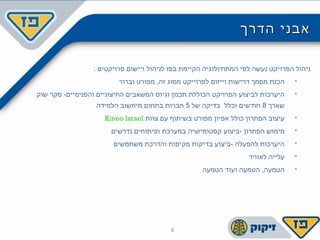 ‫הדרך‬ ‫אבני‬‫הדרך‬ ‫אבני‬
: ‫פרויקטים‬ ‫ויישום‬ ‫לניהול‬ ‫בפז‬ ‫הקיימת‬ ‫המתודולוגיה‬ ‫לפי‬ ‫נעשה‬ ‫הפרויקט‬ ‫ניהול‬
‫וברור‬ ‫מפורט‬ ,‫זה‬ ‫מסוג‬ ‫לפרוייקט‬ ‫וייזום‬ ‫דרישות‬ ‫מסמך‬ ‫הכנת‬
‫שוק‬ ‫סקר‬ -‫והפנימיים‬ ‫החיצוניים‬ ‫המשאבים‬ ‫וגיוס‬ ‫תכנון‬ ‫הכוללת‬ ‫הפרויקט‬ ‫לביצוע‬ ‫היערכות‬
‫שארך‬8‫של‬ ‫בדיקה‬ ‫וכלל‬ ‫חודשים‬5‫הלמידה‬ ‫מיחשוב‬ ‫בתחום‬ ‫חברות‬
‫צוות‬ ‫עם‬ ‫בשיתוף‬ ‫מפורט‬ ‫אפיון‬ ‫כולל‬ ‫הפתרון‬ ‫עיצוב‬Kineo Israel
‫נדרשים‬ ‫ופיתוחים‬ ‫במערכת‬ ‫קסטומיזציה‬ ‫-ביצוע‬ ‫הפתרון‬ ‫מימוש‬
‫משתמשים‬ ‫והדרכת‬ ‫מקיפות‬ ‫בדיקות‬ ‫-ביצוע‬ ‫להפעלה‬ ‫היערכות‬
‫לאוויר‬ ‫עלייה‬
‫הטמעה‬ ‫ועוד‬ ‫הטמעה‬ ,‫הטמעה‬
9
 