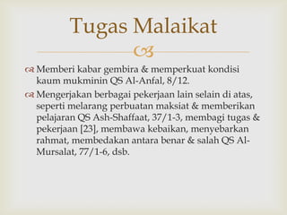 
 Memberi kabar gembira & memperkuat kondisi
kaum mukminin QS Al-Anfal, 8/12.
 Mengerjakan berbagai pekerjaan lain selain di atas,
seperti melarang perbuatan maksiat & memberikan
pelajaran QS Ash-Shaffaat, 37/1-3, membagi tugas &
pekerjaan [23], membawa kebaikan, menyebarkan
rahmat, membedakan antara benar & salah QS Al-
Mursalat, 77/1-6, dsb.
Tugas Malaikat
 