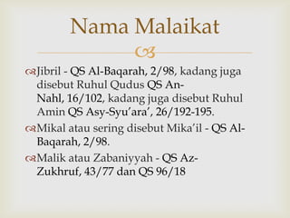 
Jibril - QS Al-Baqarah, 2/98, kadang juga
disebut Ruhul Qudus QS An-
Nahl, 16/102, kadang juga disebut Ruhul
Amin QS Asy-Syu‟ara‟, 26/192-195.
Mikal atau sering disebut Mika‟il - QS Al-
Baqarah, 2/98.
Malik atau Zabaniyyah - QS Az-
Zukhruf, 43/77 dan QS 96/18
Nama Malaikat
 