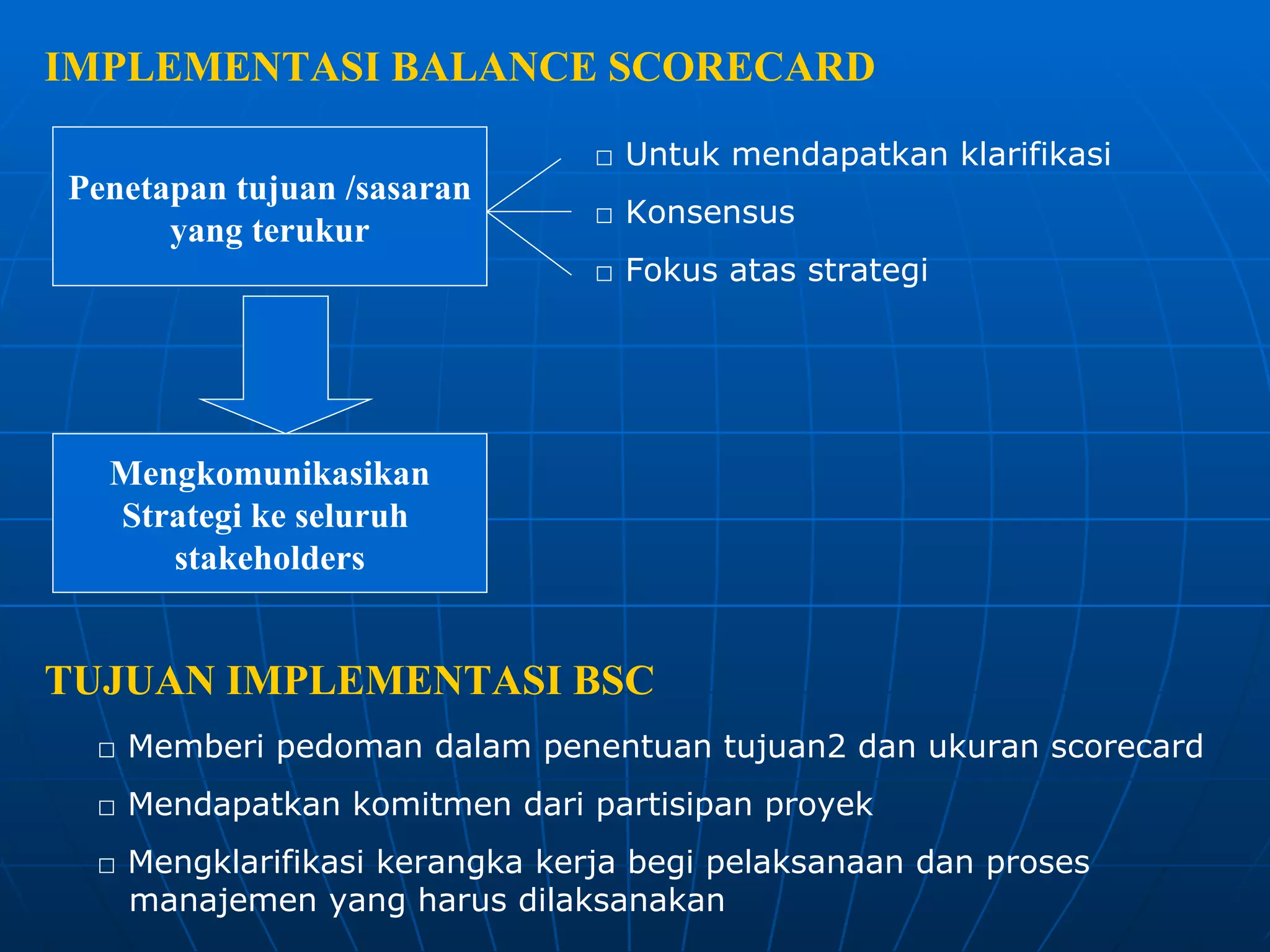 IMPLEMENTASI BALANCE SCORECARD Penetapan tujuan /sasaran yang terukur □  Untuk mendapatkan klarifikasi □  Konsensus □  Fokus atas strategi Mengkomunikasikan Strategi ke seluruh  stakeholders TUJUAN IMPLEMENTASI BSC □  Memberi pedoman dalam penentuan tujuan2 dan ukuran scorecard □  Mendapatkan komitmen dari partisipan proyek □  Mengklarifikasi kerangka kerja begi pelaksanaan dan proses manajemen yang harus dilaksanakan  