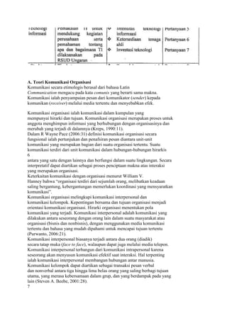 A. Teori Komunikasi Organisasi
Komunikasi secara etimologis berasal dari bahasa Latin
Communication mengacu pada kata comunis yang berarti sama makna.
Komunikasi ialah penyampaian pesan dari komunikator (sender) kepada
komunikan (receiver) melalui media tertentu dan menyebabkan efek.

Komunikasi organisasi ialah komunikasi dalam kumpulan yang
mempunyai hirarki dan tujuan. Komunikasi organisasi merupakan proses untuk
anggota menghimpun informasi yang berhubungan dengan organisasinya dan
merubah yang terjadi di dalamnya (Kreps, 1990:11).
Dalam R Wayne Pace (2006:31) definisi komunikasi organisasi secara
fungsional ialah pertunjukan dan penafsiran pesan diantara unit-unit
komunikasi yang merupakan bagian dari suatu organisasi tertentu. Suatu
komunikasi terdiri dari unit komunikasi dalam hubungan-hubungan hirarkis
6
antara yang satu dengan lainnya dan berfungsi dalam suatu lingkungan. Secara
interpretatif dapat diartikan sebagai proses penciptaan makna atas interaksi
yang merupakan organisasi.
Keterkaitan komunikasi dengan organisasi menurut William V.
Hanney bahwa “organisasi terdiri dari sejumlah orang, melibatkan keadaan
saling bergantung, kebergantungan memerlukan koordinasi yang mensyaratkan
komunikasi”.
Komunikasi organisasi melingkupi komunikasi interpersonal dan
komunikasi kelompok. Kepentingan bersama dan tujuan organisasi menjadi
orientasi komunikasi organisasi. Hirarki organisasi menentukan pola
komunikasi yang terjadi. Komunikasi interpersonal adalah komunikasi yang
dilakukan antara seseorang dengan orang lain dalam suatu masyarakat atau
organisasi (bisnis dan nonbisnis), dengan menggunakan media komunikasi
tertentu dan bahasa yang mudah dipahami untuk mencapai tujuan tertentu
(Purwanto, 2006:21).
Komunikasi interpersonal biasanya terjadi antara dua orang (diadik)
secara tatap muka (face to face), walaupun dapat juga melalui media telepon.
Komunikasi interpersonal terbangun dari komunikasi intrapersonal karena
seseorang akan menyusun komunikasi efektif saat interaksi. Hal terpenting
ialah komunikasi interpersonal membangun hubungan antar manusia.
Komunikasi kelompok dapat diartikan sebagai transaksi pesan verbal
dan nonverbal antara tiga hingga lima belas orang yang saling berbagi tujuan
utama, yang merasa kebersamaan dalam grup, dan yang berdampak pada yang
lain (Steven A. Beebe, 2001:28).
7
 