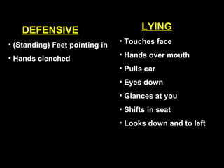 DEFENSIVE (Standing) Feet pointing in  Hands clenched LYING Touches face Hands over mouth Pulls ear Eyes down Glances at you Shifts in seat Looks down and to left 