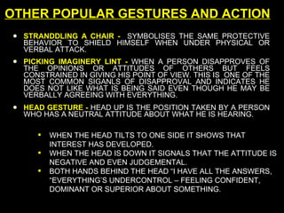 OTHER POPULAR GESTURES AND ACTION STRANDDLING A CHAIR -   SYMBOLISES THE SAME PROTECTIVE BEHAVIOR TO SHIELD HIMSELF WHEN UNDER PHYSICAL OR VERBAL ATTACK. PICKING IMAGINERY LINT -   WHEN A PERSON DISAPPROVES OF THE OPINIONS OR ATTITUDES OF OTHERS BUT FEELS CONSTRAINED IN GIVING HIS POINT OF VIEW. THIS IS  ONE OF THE MOST COMMON SIGANLS OF DISAPPROVAL AND INDICATES HE DOES NOT LIKE WHAT IS BEING SAID EVEN THOUGH HE MAY BE VERBALLY AGREEING WITH EVERYTHING. HEAD GESTURE -   HEAD UP IS THE POSITION TAKEN BY A PERSON WHO HAS A NEUTRAL ATTITUDE ABOUT WHAT HE IS HEARING. WHEN THE HEAD TILTS TO ONE SIDE IT SHOWS THAT  INTEREST HAS DEVELOPED. WHEN THE HEAD IS DOWN IT SIGNALS THAT THE ATTITUDE IS NEGATIVE AND EVEN JUDGEMENTAL. BOTH HANDS BEHIND THE HEAD “I HAVE ALL THE ANSWERS, “EVERYTHING’S UNDERCONTROL – FEELING CONFIDENT,  DOMINANT OR SUPERIOR ABOUT SOMETHING. 