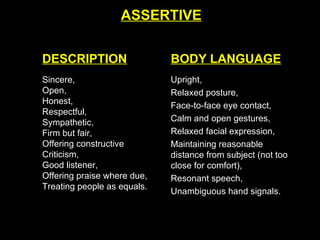 ASSERTIVE DESCRIPTION BODY LANGUAGE Sincere, Open, Honest, Respectful, Sympathetic, Firm but fair, Offering constructive  Criticism, Good listener, Offering praise where due, Treating people as equals. Upright, Relaxed posture, Face-to-face eye contact, Calm and open gestures, Relaxed facial expression, Maintaining reasonable distance from subject (not too close for comfort), Resonant speech, Unambiguous hand signals. 