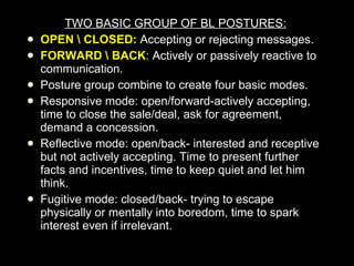 TWO BASIC GROUP OF BL POSTURES: OPEN \ CLOSED:   Accepting or rejecting messages. FORWARD \ BACK :  Actively or passively reactive to communication.  Posture group combine to create four basic modes. Responsive mode: open/forward-actively accepting, time to close the sale/deal, ask for agreement, demand a concession. Reflective mode: open/back- interested and receptive but not actively accepting. Time to present further facts and incentives, time to keep quiet and let him think. Fugitive mode: closed/back- trying to escape physically or mentally into boredom, time to spark interest even if irrelevant.   