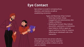 Eye Contact
Eye contact is crucial in conveying focus,
attention, and interest, as well as
establishing connection.
Eye contact norms vary across cultures—
prolonged eye contact may be respectful
in some cultures, while in others it can be
seen as impolite.
Types and Meanings of Eye Contact:
• Direct Eye Contact: Shows
engagement and attentiveness; also
implies confidence.
• Breaking Eye Contact: May indicate
discomfort, submission, or distraction.
• Gaze Patterns: Shifts in gaze can
signal readiness to listen or respond,
reflecting an individual’s role in the
interaction.
 