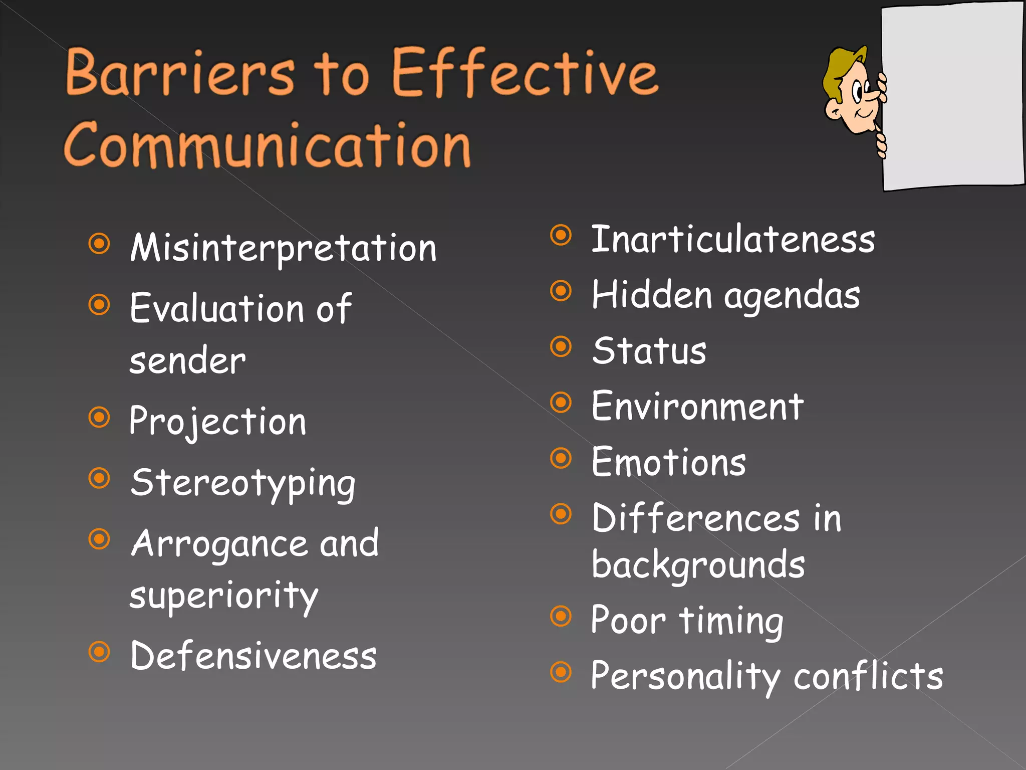 Misinterpretation Evaluation of sender Projection Stereotyping Arrogance and superiority Defensiveness Inarticulateness Hidden agendas Status Environment Emotions Differences in backgrounds Poor timing Personality conflicts 