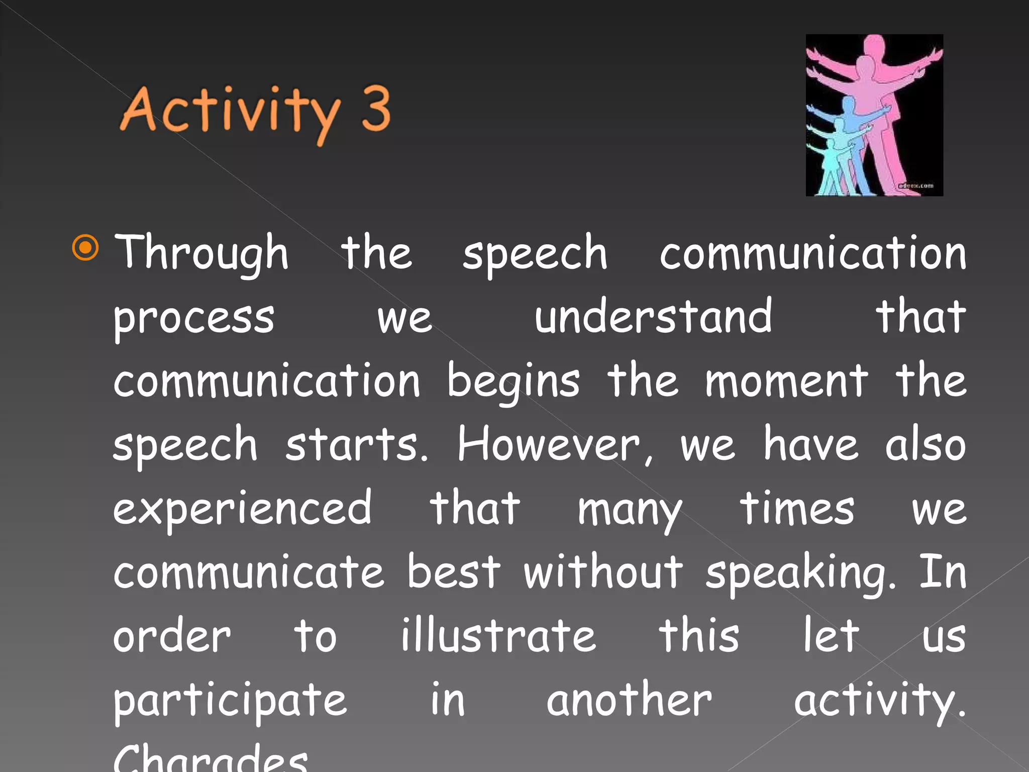 Through the speech communication process we understand that communication begins the moment the speech starts. However, we have also experienced that many times we communicate best without speaking. In order to illustrate this let us participate in another activity. Charades. 