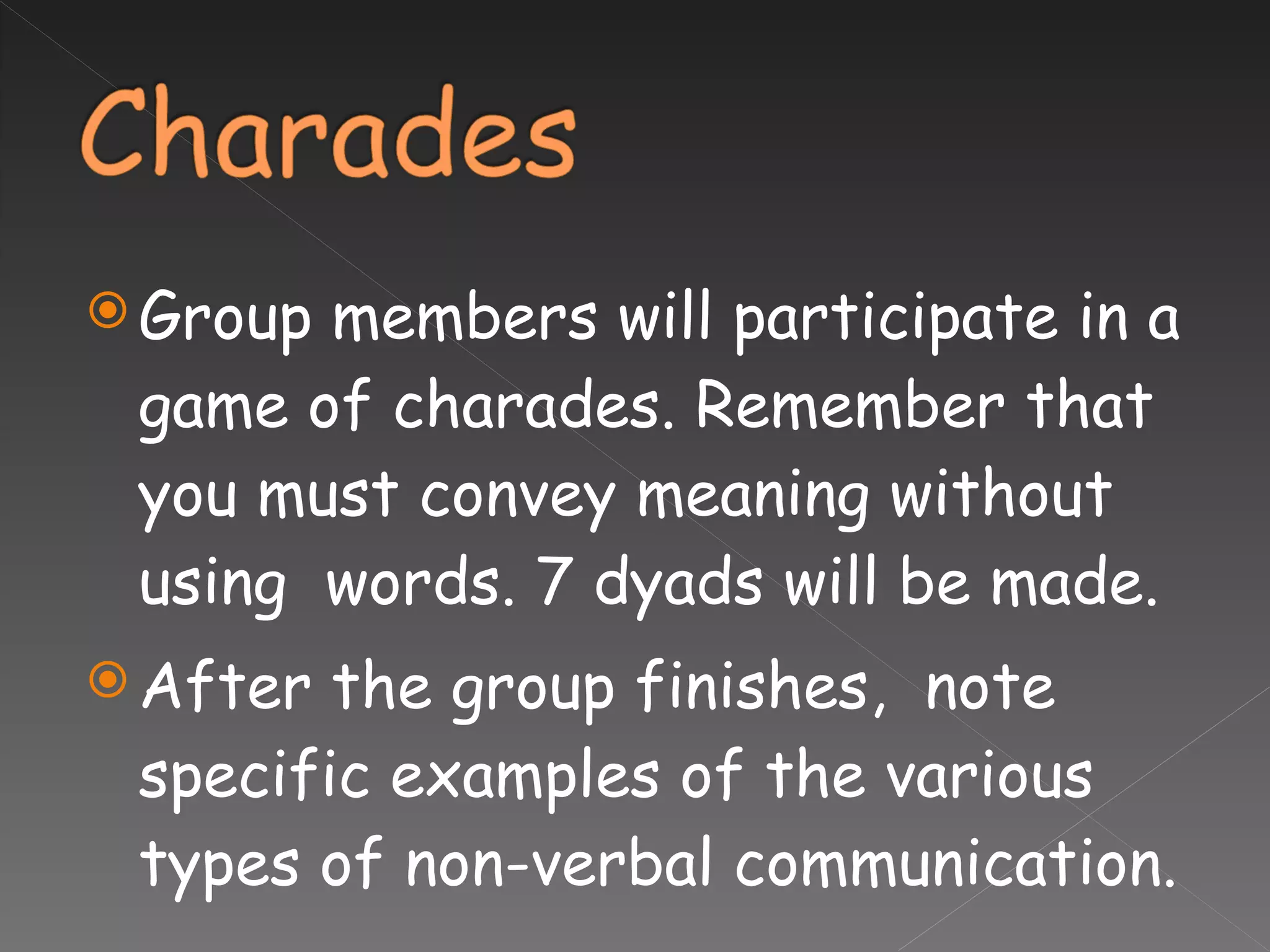 Group members will participate in a game of charades. Remember that you must convey meaning without using  words. 7 dyads will be made. After the group finishes,  note specific examples of the various types of non-verbal communication. 