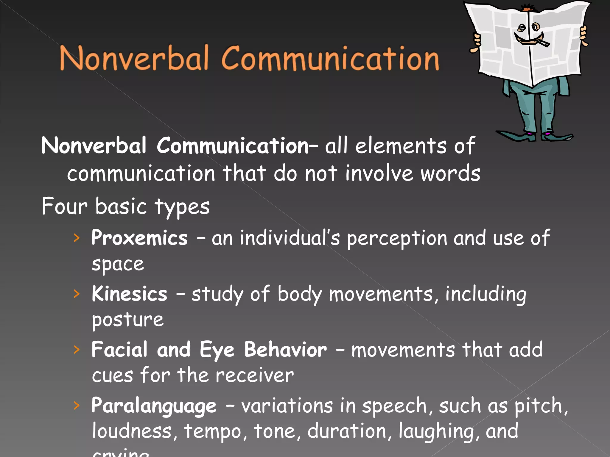 Nonverbal Communication–  all elements of communication that do not involve words Four basic types Proxemics  –  an individual’s perception and use of space Kinesics  –  study of body movements, including posture Facial and Eye Behavior  –  movements that add cues for the receiver Paralanguage  –  variations in speech, such as pitch, loudness, tempo, tone, duration, laughing, and crying 