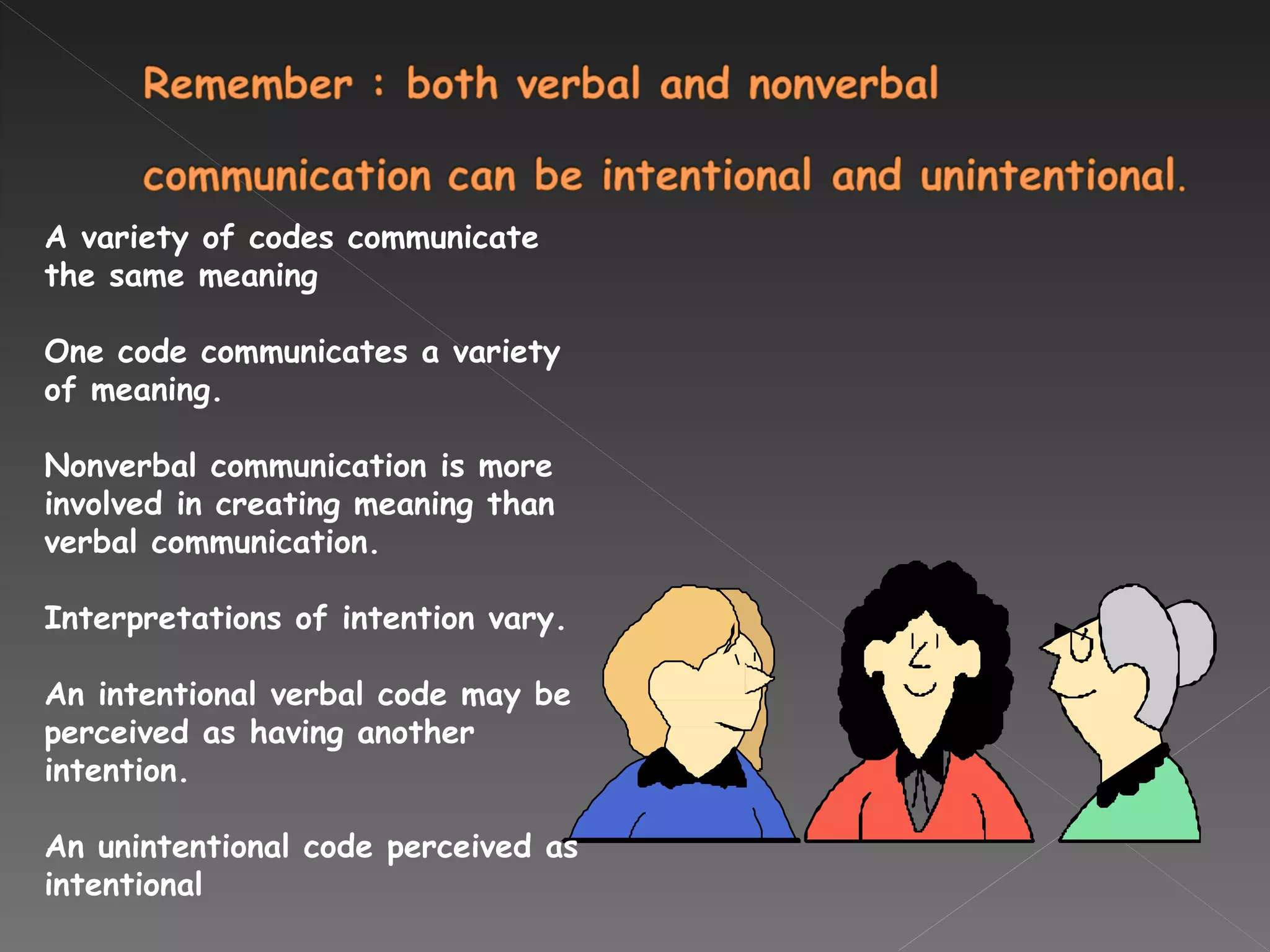 A variety of codes communicate the same meaning  One code communicates a variety of meaning.  Nonverbal communication is more involved in creating meaning than verbal communication.  Interpretations of intention vary.  An intentional verbal code may be perceived as having another intention.  An unintentional code perceived as intentional 
