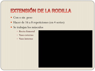  Con o sin peso
 Hacer de 16 a 8 repeticiones (en 4 series)
 Se trabajan los músculos
     
     
     
 