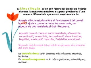 La   kinesilogia ,  és un bon recurs per ajudar als nostres alumnes i a nosaltres mateixos a superar problemes d’una manera diferent a la que estem acostumats a fer.   Aquesta ciència estudia a fons el funcionament del cervell humà, i ajuda a connectar totes les seves parts, en especial els dos hemisferis:el dret i l’esquerre. Aquesta corrent contínua entre hemisferis, afavoreix la concentració, la memòria, la coordinació visual i motora, l’equilibri, la relaxació muscular, l’estabilitat emocional… Segons la part dominant del cervell de les persones s’en poden fer dos grans grups:   Els  cervells drets  seràn persones més artístiques, creatives, bohèmies… Els  cervells esquerres  seràn més organitzades, sistemàtiques, racionals… 