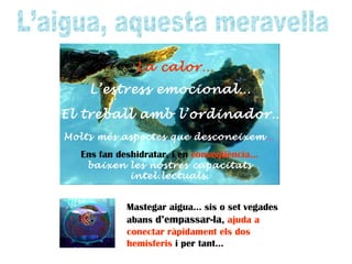 L’aigua, aquesta meravella La calor… L’estress emocional… El treball amb l’ordinador… Molts més aspectes que   desconeixem … Ens fan deshidratar, i en  conseqüència… baixen les nostres capacitats intel.lectuals . Mastegar aigua… sis o set vegades abans  d’empassar-la ,  ajuda a conectar ràpidament els dos hemisferis  i per tant… 