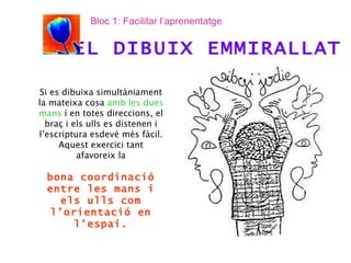 EL DIBUIX EMMIRALLAT Si es dibuixa simultàniament la mateixa cosa  amb les dues mans  i en totes direccions, el braç i els ulls es distenen i l’escriptura esdevé més fàcil. Aquest exercici tant afavoreix la bona coordinació entre les mans i els ulls com l’orientació en l’espai. Bloc 1: Facilitar l’aprenentatge 
