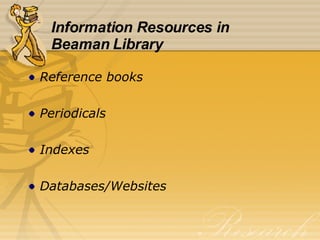 Information Resources in  Beaman Library Reference books Periodicals Indexes Databases/Websites 