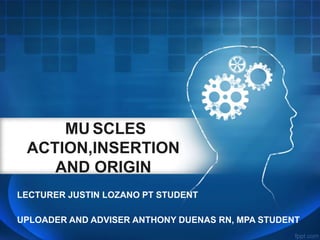 MUSCLES 
ACTION,INSERTION 
AND ORIGIN 
LECTURER JUSTIN LOZANO PT STUDENT 
UPLOADER AND ADVISER ANTHONY DUENAS RN, MPA STUDENT 
 