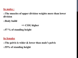 In males :
oThe muscles of upper division weights more than lower
division
oBody build
=> COG higher
o57 % of standing height
In females
oThe pelvis is wider & lower than male’s pelvis
o55% of standing height
 