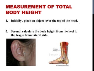 MEASUREMENT OF TOTAL
BODY HEIGHT
1. Initially , place an object over the top of the head.
2. Second, calculate the body height from the heel to
the tragus from lateral side.
 