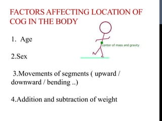 FACTORS AFFECTING LOCATION OF
COG IN THE BODY
1. Age
2.Sex
3.Movements of segments ( upward /
downward / bending ..)
4.Addition and subtraction of weight
 