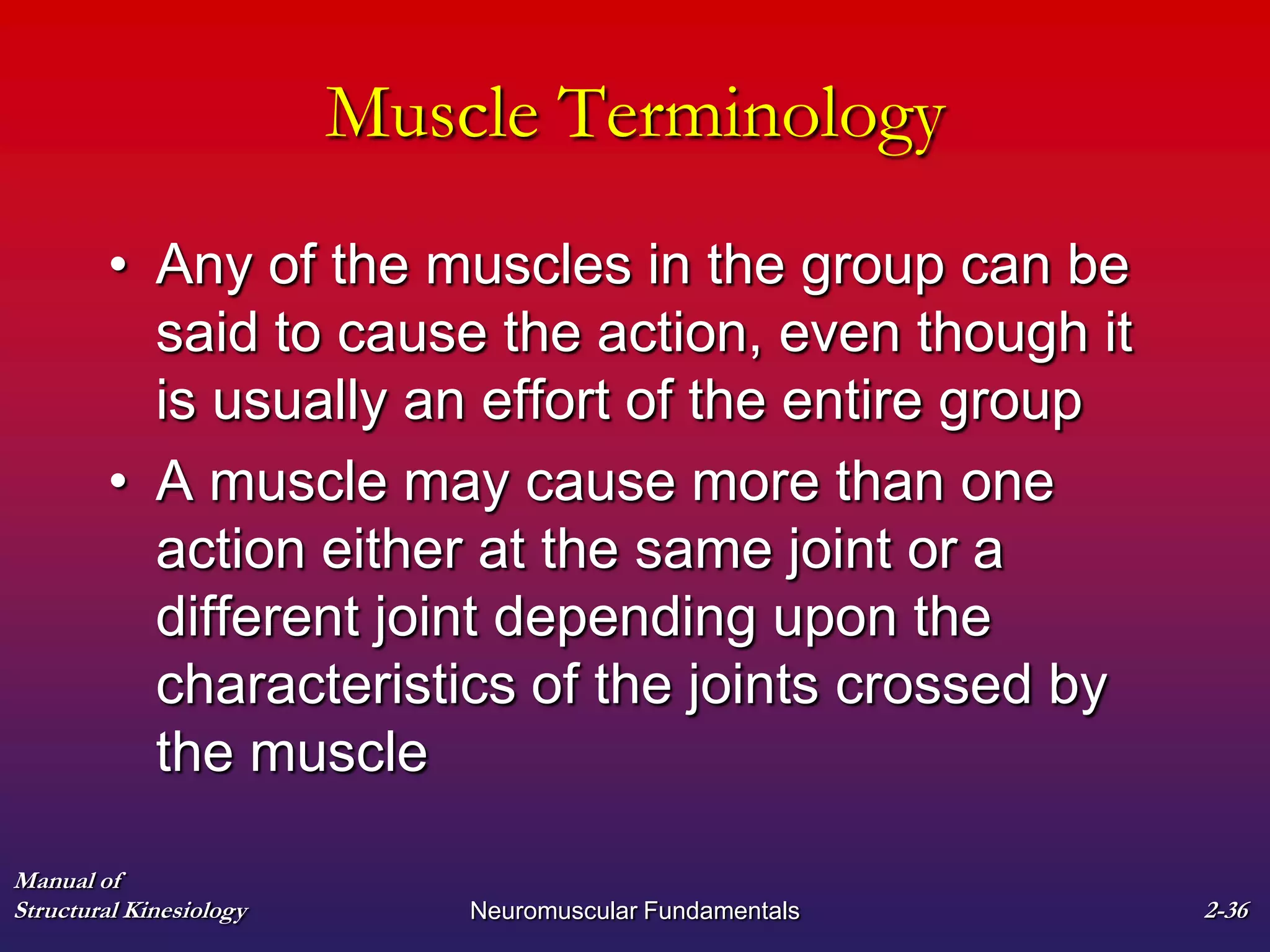 Manual of
Structural Kinesiology Neuromuscular Fundamentals 2-36
Muscle Terminology
• Any of the muscles in the group can be
said to cause the action, even though it
is usually an effort of the entire group
• A muscle may cause more than one
action either at the same joint or a
different joint depending upon the
characteristics of the joints crossed by
the muscle
 
