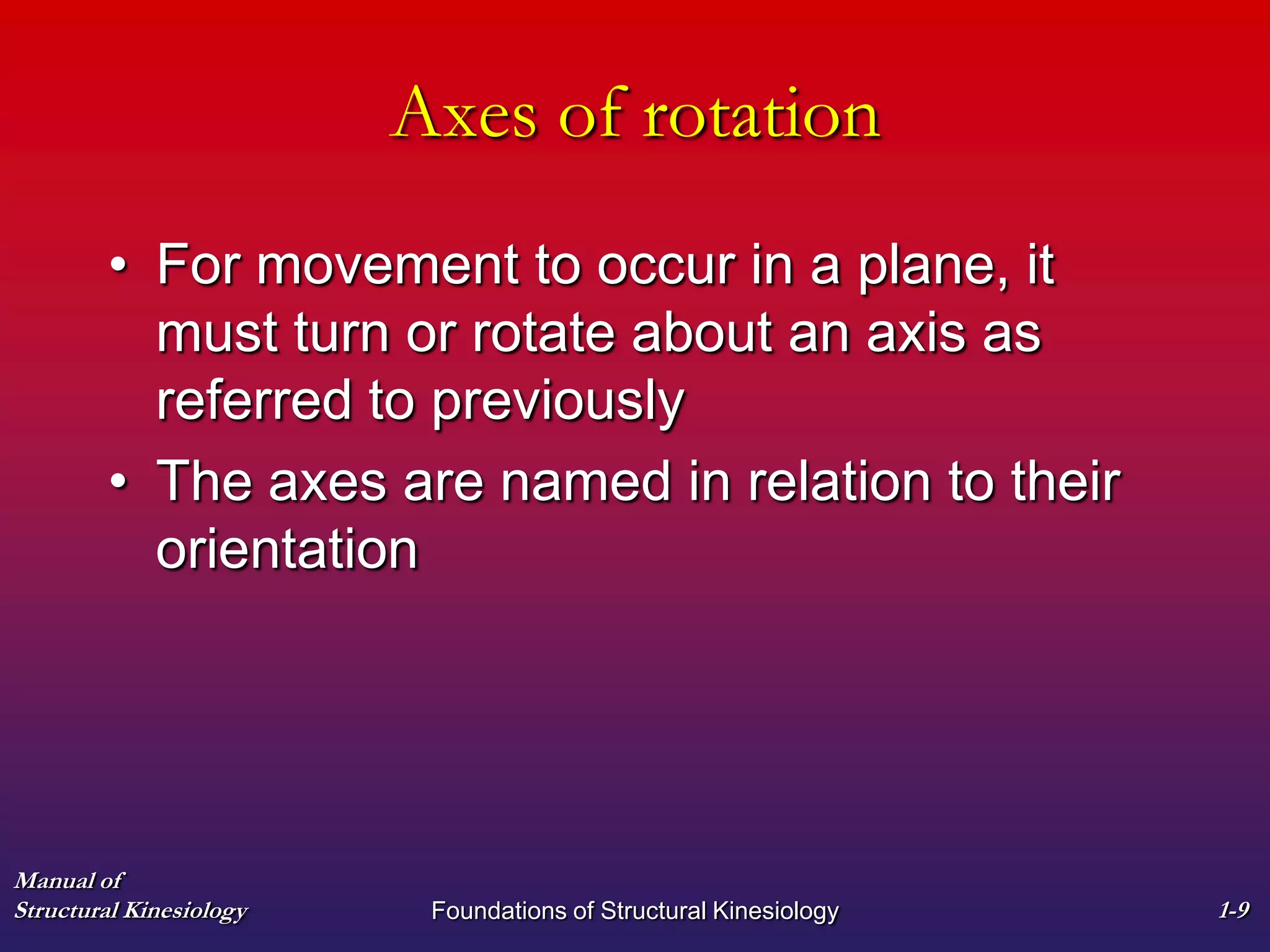 Manual of
Structural Kinesiology Foundations of Structural Kinesiology 1-9
Axes of rotation
• For movement to occur in a plane, it
must turn or rotate about an axis as
referred to previously
• The axes are named in relation to their
orientation
 