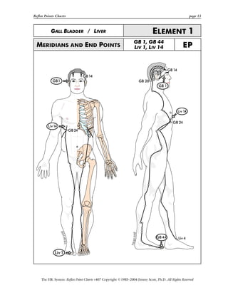 Reflex Points Charts page 13
The HK System: Reflex Point Charts v407 Copyright ©1985–2004 Jimmy Scott, Ph.D. All Rights Reserved
GALL BLADDER / LIVER ELEMENT 1
MERIDIANS AND END POINTS
GB 1, GB 44
LIV 1, LIV 14 EP
 