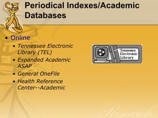 Periodical Indexes/Academic Databases Online Tennessee Electronic Library (TEL) Expanded Academic ASAP General OneFile Health Reference Center--Academic 