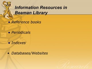 Information Resources in  Beaman Library Reference books Periodicals Indexes Databases/Websites 