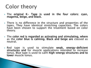  The original K- Tape is used in the four colors: cyan,
magenta, beige, and black.
 There is no difference in the structure and properties of the
tapes. They have identical stretching capacities. The colors
have been chosen to support the treatment based on color
theory.
 The color red is regarded as activating and stimulating, where
as the color blue is calming. Black and beige are classed as
neutral.
 Red tape is used to stimulate weak, energy-deficient
structures and for muscle applications intended to increase
tonus. Blue tape is used to calm high-energy structures and to
lower muscle tonus.
 
