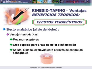 Copyright © 2015 Edgar Lopategui Corsino | Saludmed
KINESIO
KINESIO-
-TAPING
TAPING –
– Ventajas
Ventajas
BENEFICIOS TE
BENEFICIOS TEÓ
ÓRICOS:
RICOS:
EFECTOS TERAP
EFECTOS TERAPÉ
ÉUTICOS
UTICOS
Efecto
Efecto analg
analgé
ésico
sico (
(alivio
alivio del dolor) :
del dolor) :
Ventajas terapéuticas:
Mecanorreceptores
Crea espacio para áreas de dolor e inflamación
Asiste, o limita, el movimiento a través de estímulos
sensoriales
 