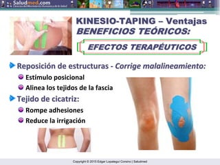 Copyright © 2015 Edgar Lopategui Corsino | Saludmed
KINESIO
KINESIO-
-TAPING
TAPING –
– Ventajas
Ventajas
BENEFICIOS TE
BENEFICIOS TEÓ
ÓRICOS:
RICOS:
EFECTOS TERAP
EFECTOS TERAPÉ
ÉUTICOS
UTICOS
Reposici
Reposició
ón
n de
de estructuras
estructuras ‐
‐ Corrige
Corrige malalineamiento
malalineamiento:
:
Estímulo posicional
Alinea los tejidos de la fascia
Tejido
Tejido de
de cicatriz
cicatriz:
:
Rompe adhesiones
Reduce la irrigación
 