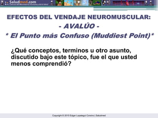 Copyright © 2015 Edgar Lopategui Corsino | Saludmed
EFECTOS DEL VENDAJE NEUROMUSCULAR:
EFECTOS DEL VENDAJE NEUROMUSCULAR:
-
- AVAL
AVALÚ
ÚO
O -
-
* El Punto m
* El Punto má
ás Confuso (
s Confuso (Muddiest
Muddiest Point
Point)*
)*
¿Qué conceptos, terminos u otro asunto,
discutido bajo este tópico, fue el que usted
menos comprendió?
 
