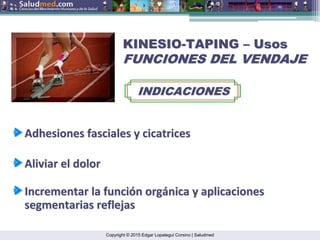 Copyright © 2015 Edgar Lopategui Corsino | Saludmed
Adhesiones
Adhesiones fasciales
fasciales y cicatrices
y cicatrices
KINESIO
KINESIO-
-TAPING
TAPING –
– Usos
Usos
FUNCIONES DEL VENDAJE
FUNCIONES DEL VENDAJE
INDICACIONES
INDICACIONES
Incrementar
Incrementar la
la funci
funció
ón
n org
orgá
ánica
nica y
y aplicaciones
aplicaciones
segmentarias
segmentarias reflejas
reflejas
Aliviar
Aliviar el dolor
el dolor
 
