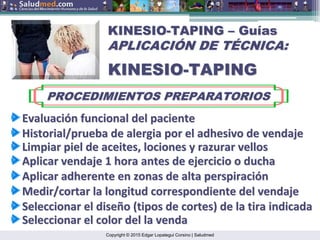 Copyright © 2015 Edgar Lopategui Corsino | Saludmed
KINESIO
KINESIO-
-TAPING
TAPING –
– Gu
Guí
ías
as
APLICACI
APLICACIÓ
ÓN DE T
N DE TÉ
ÉCNICA:
CNICA:
KINESIO
KINESIO-
-TAPING
TAPING
PROCEDIMIENTOS PREPARATORIOS
PROCEDIMIENTOS PREPARATORIOS
Evaluaci
Evaluació
ón
n funcional
funcional del
del paciente
paciente
Historial/prueba
Historial/prueba de
de alergia
alergia por
por el
el adhesivo
adhesivo de
de vendaje
vendaje
Limpiar
Limpiar piel
piel de
de aceites
aceites,
, lociones
lociones y
y razurar
razurar vellos
vellos
Aplicar
Aplicar vendaje
vendaje 1
1 hora
hora antes de
antes de ejercicio
ejercicio o
o ducha
ducha
Aplicar
Aplicar adherente
adherente en
en zonas
zonas de
de alta
alta perspiraci
perspiració
ón
n
Medir/cortar
Medir/cortar la
la longitud
longitud correspondiente
correspondiente del
del vendaje
vendaje
Seleccionar
Seleccionar el
el dise
diseñ
ño
o (
(tipos
tipos de
de cortes
cortes) de la
) de la tira
tira indicada
indicada
Seleccionar
Seleccionar el color del la
el color del la venda
venda
 