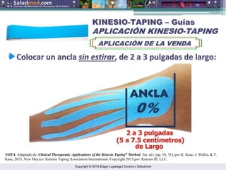 Copyright © 2015 Edgar Lopategui Corsino | Saludmed
KINESIO
KINESIO-
-TAPING
TAPING –
– Gu
Guí
ías
as
APLICACI
APLICACIÓ
ÓN KINESIO
N KINESIO-
-TAPING
TAPING
APLICACI
APLICACIÓ
ÓN DE LA VENDA
N DE LA VENDA
Colocar
Colocar un
un ancla
ancla sin
sin estirar
estirar, de 2 a 3
, de 2 a 3 pulgadas
pulgadas de largo:
de largo:
NOTA. Adaptado de: Clinical Therapeutic Applications of the Kinesio Taping®
Method. 3ra. ed.; (pp. 18, 31), por K. Kase, J. Wallis, & T.
Kase, 2013, New Mexico: Kinesio Taping Association International. Copyright 2013 por: Kinesio IP, LLC.
 