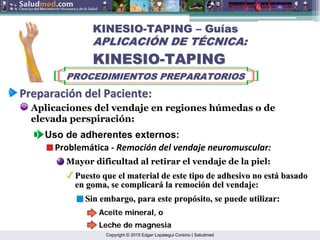 Copyright © 2015 Edgar Lopategui Corsino | Saludmed
Preparaci
Preparació
ón
n del
del Paciente
Paciente:
:
Aplicaciones del vendaje en regiones húmedas o de
elevada perspiración:
Uso de adherentes externos:
Problemática ‐ Remoción del vendaje neuromuscular:
Mayor dificultad al retirar el vendaje de la piel:
Puesto que el material de este tipo de adhesivo no est
Puesto que el material de este tipo de adhesivo no está
á basado
basado
en goma, se complicar
en goma, se complicará
á la remoci
la remoció
ón del vendaje:
n del vendaje:
Sin embargo, para este prop
Sin embargo, para este propó
ósito, se puede utilizar:
sito, se puede utilizar:
KINESIO
KINESIO-
-TAPING
TAPING –
– Gu
Guí
ías
as
APLICACI
APLICACIÓ
ÓN DE T
N DE TÉ
ÉCNICA:
CNICA:
KINESIO
KINESIO-
-TAPING
TAPING
PROCEDIMIENTOS PREPARATORIOS
PROCEDIMIENTOS PREPARATORIOS
Aceite mineral, o
Aceite mineral, o
Leche de magnesia
Leche de magnesia
 